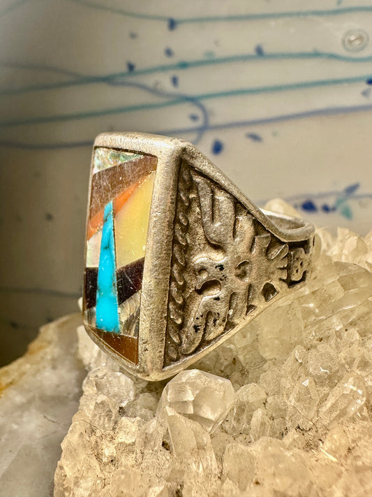 Phoenix ring Navajo band turquoise onyx coral MOP size 9 sterling silver women men