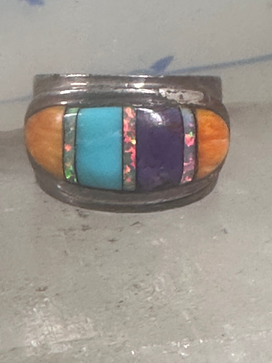 Turquoise Lab Opal Spiny Oyster ring size 7.7 southwest signed sterling silver women men