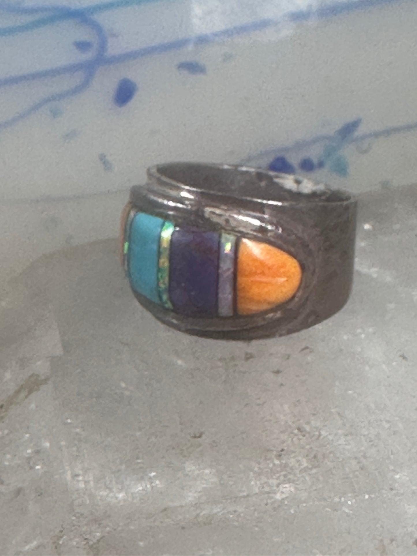 Turquoise Lab Opal Spiny Oyster ring size 7.7 southwest signed sterling silver women men