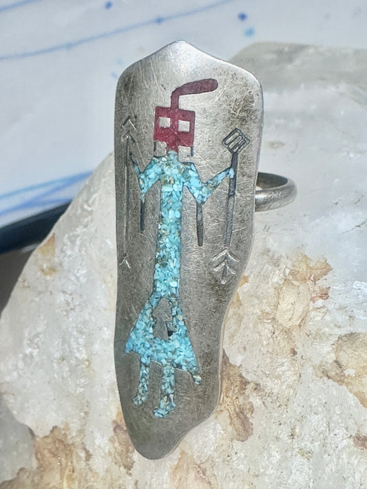 Vintage Navajo Long Yeii Kachina Shield Ring Turquoise Chip Inlay Sterling Silver - Size 6.75