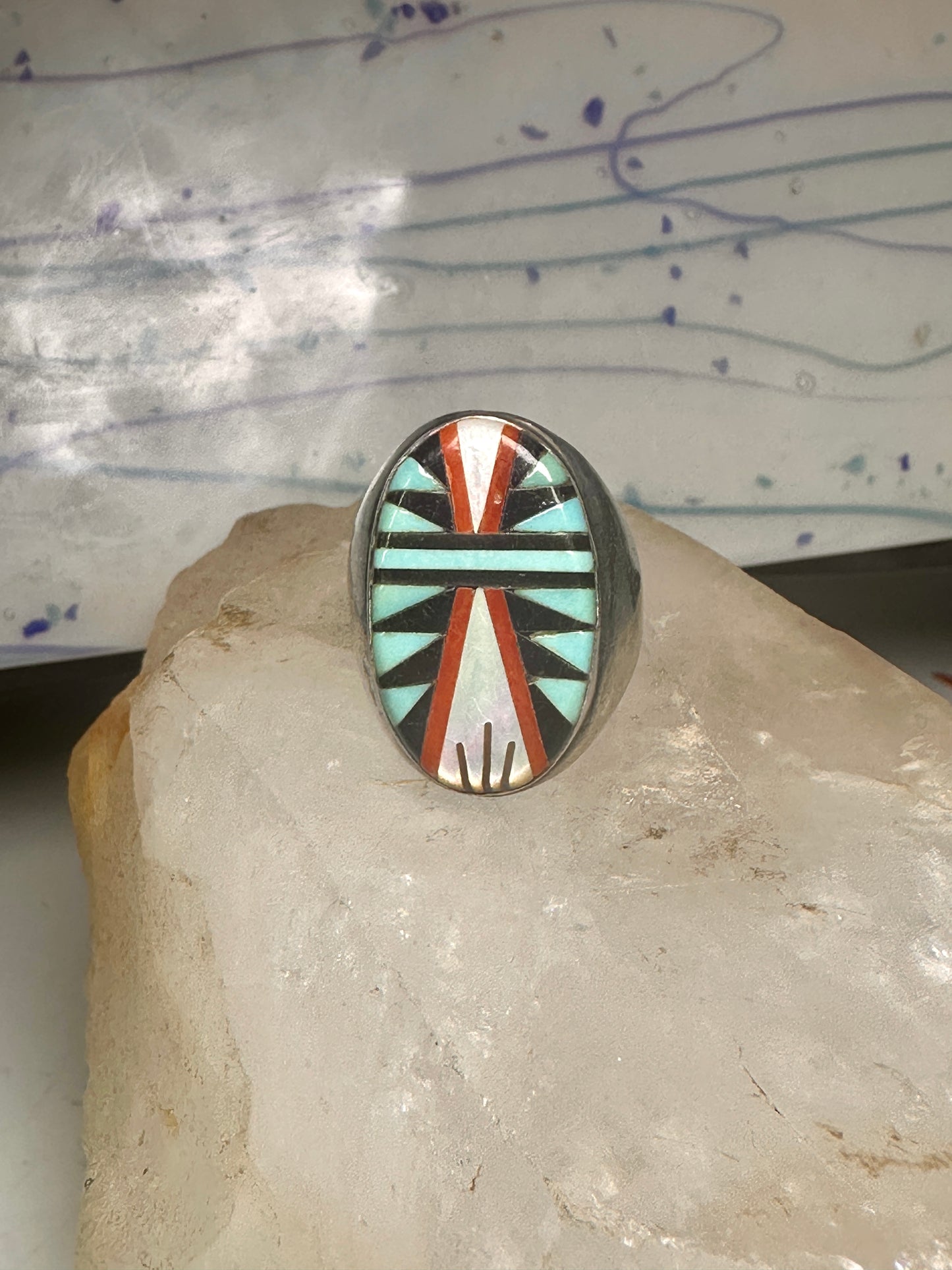 Zuni ring turquoise coral MOP onyx size 9.75 sterling silver women men