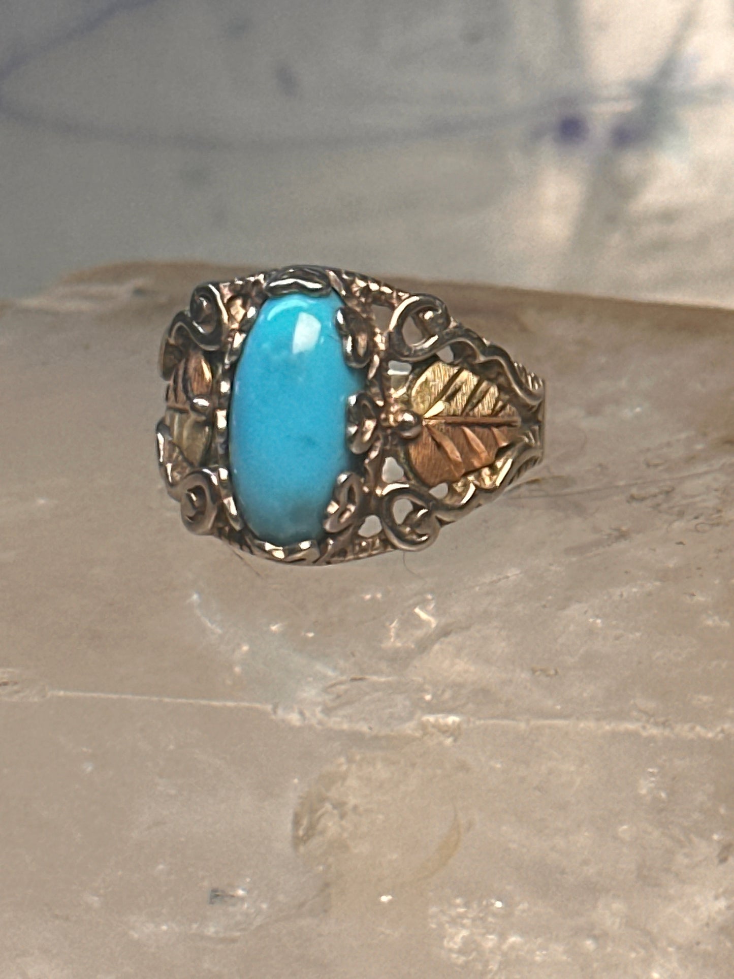 Black Hills Gold ring leaves turquoise band ring size 5.75 Sterling silver women