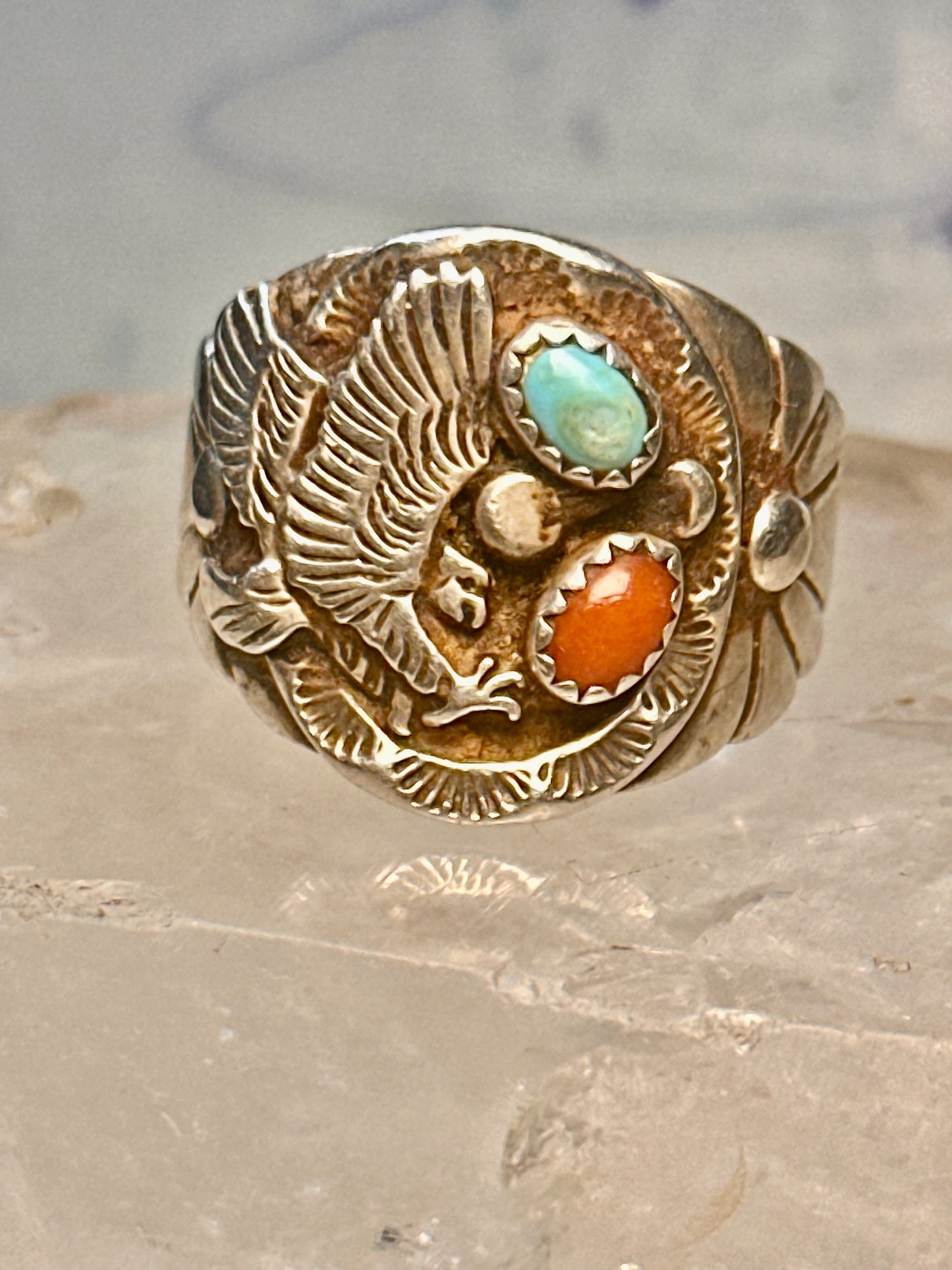Eagle ring Navajo turquoise coral size 12.50 Sterling silver women men