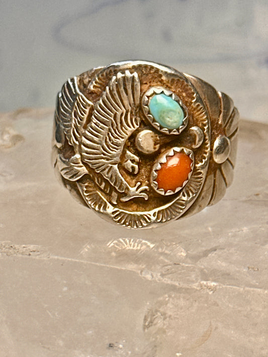 Eagle ring Navajo turquoise coral size 12.50 Sterling silver women men