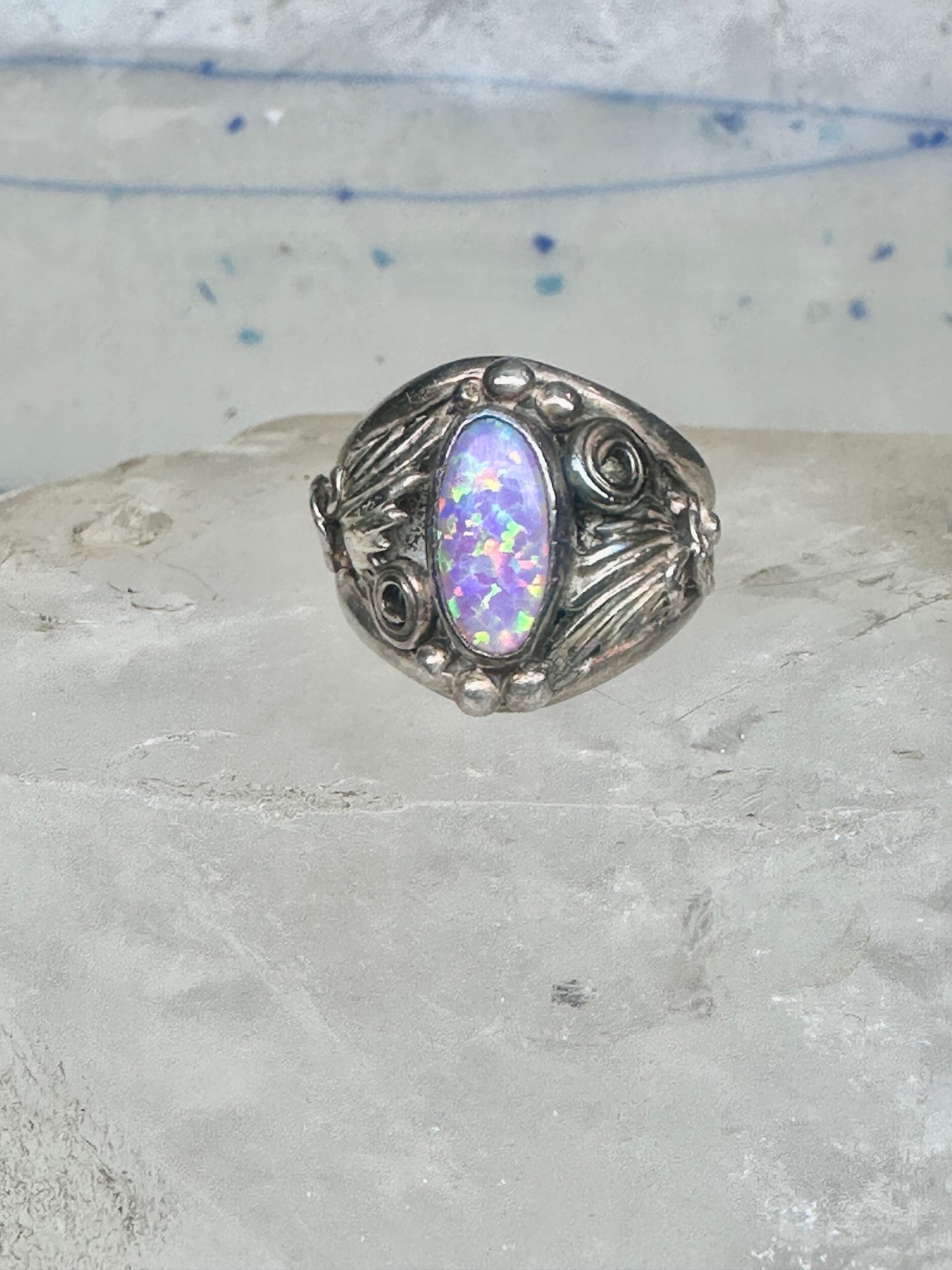 Navajo lab opal ring Nila Cook Johnson leaves band size 7 sterling silver women