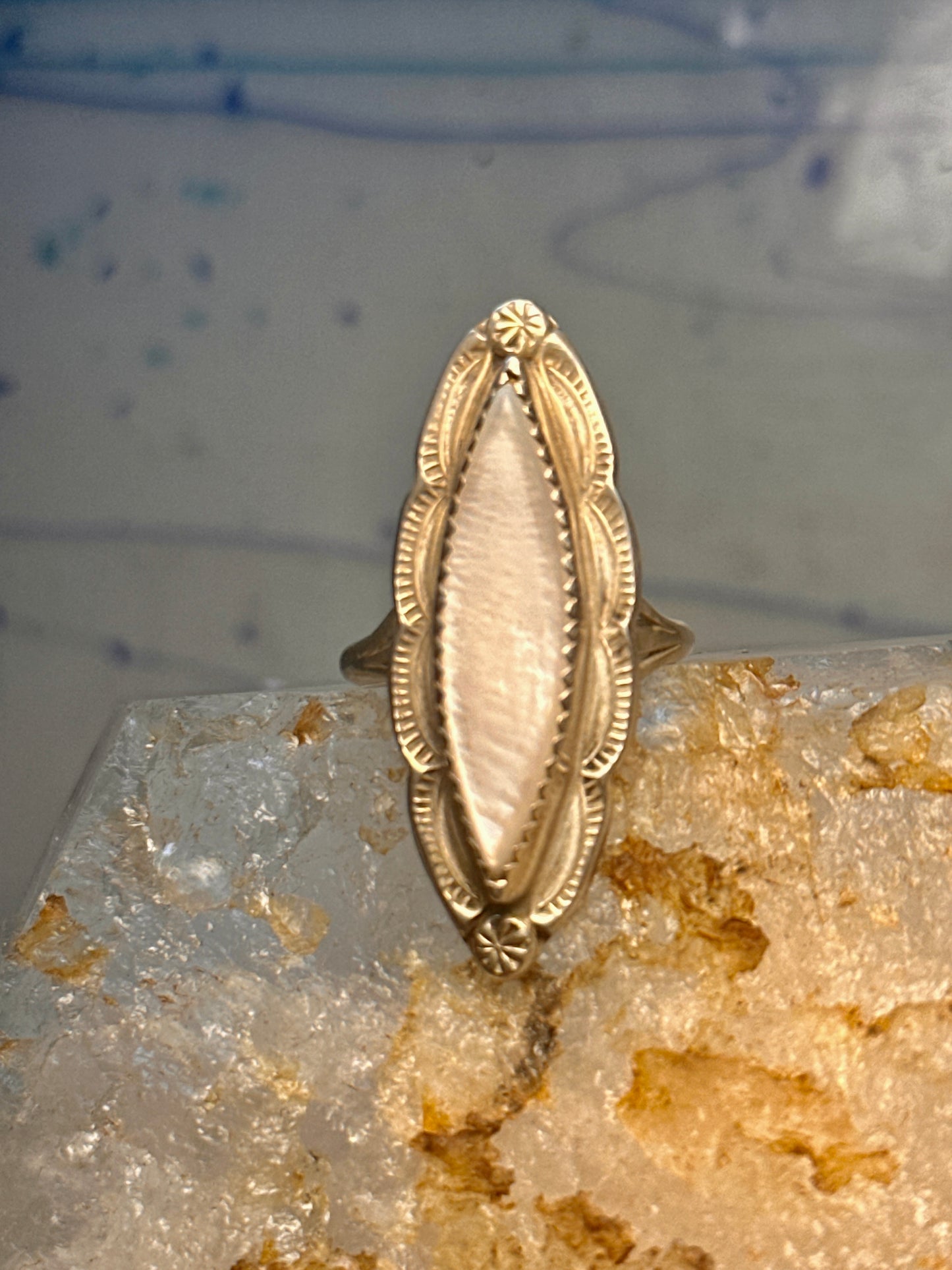 Navajo ring long mother of pearl size 8.5 sterling silver women signed A Payton