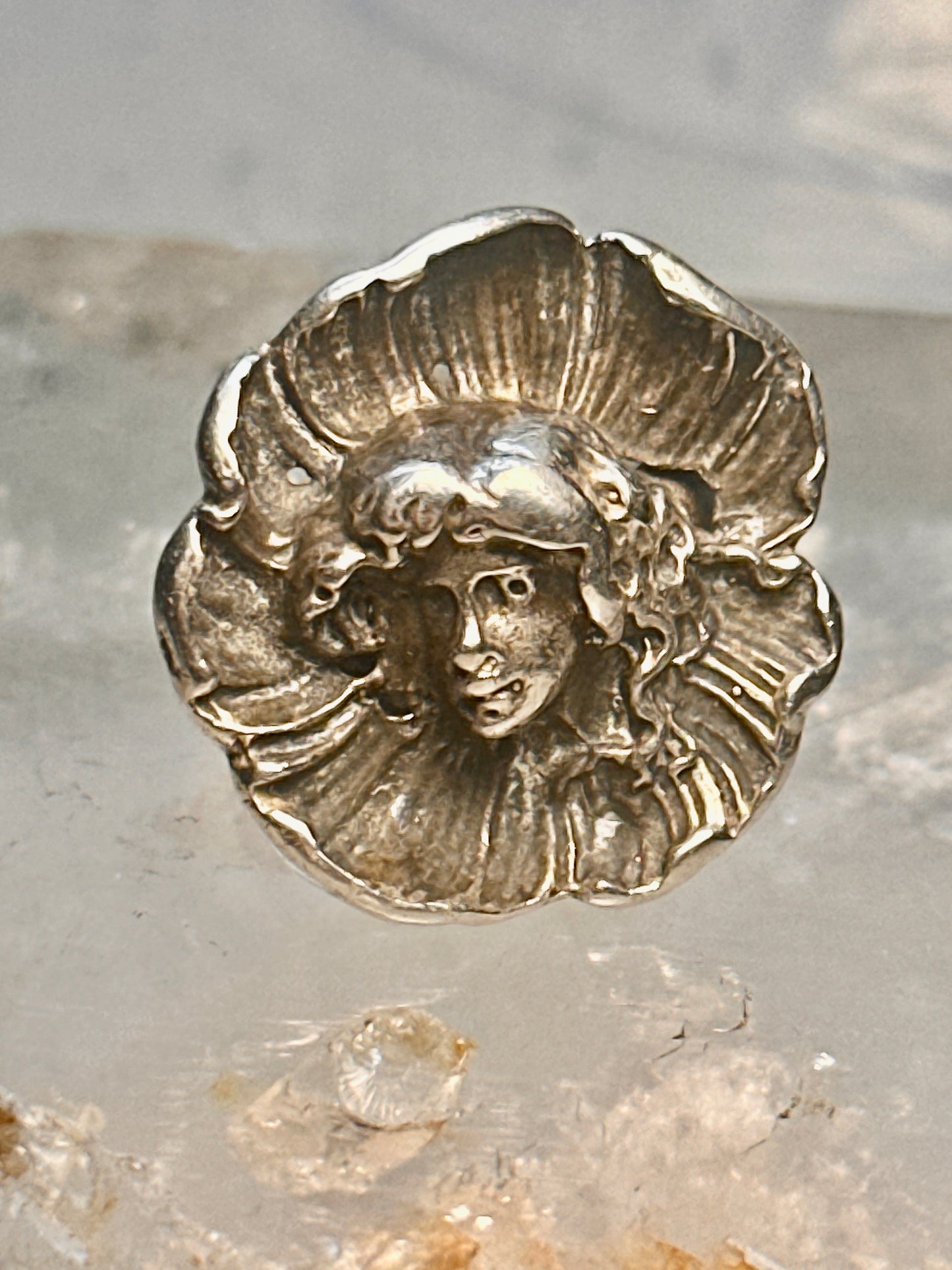 Vintage Face ring in poppy flower Art Nouveau size 6.75 sterling silver women girls