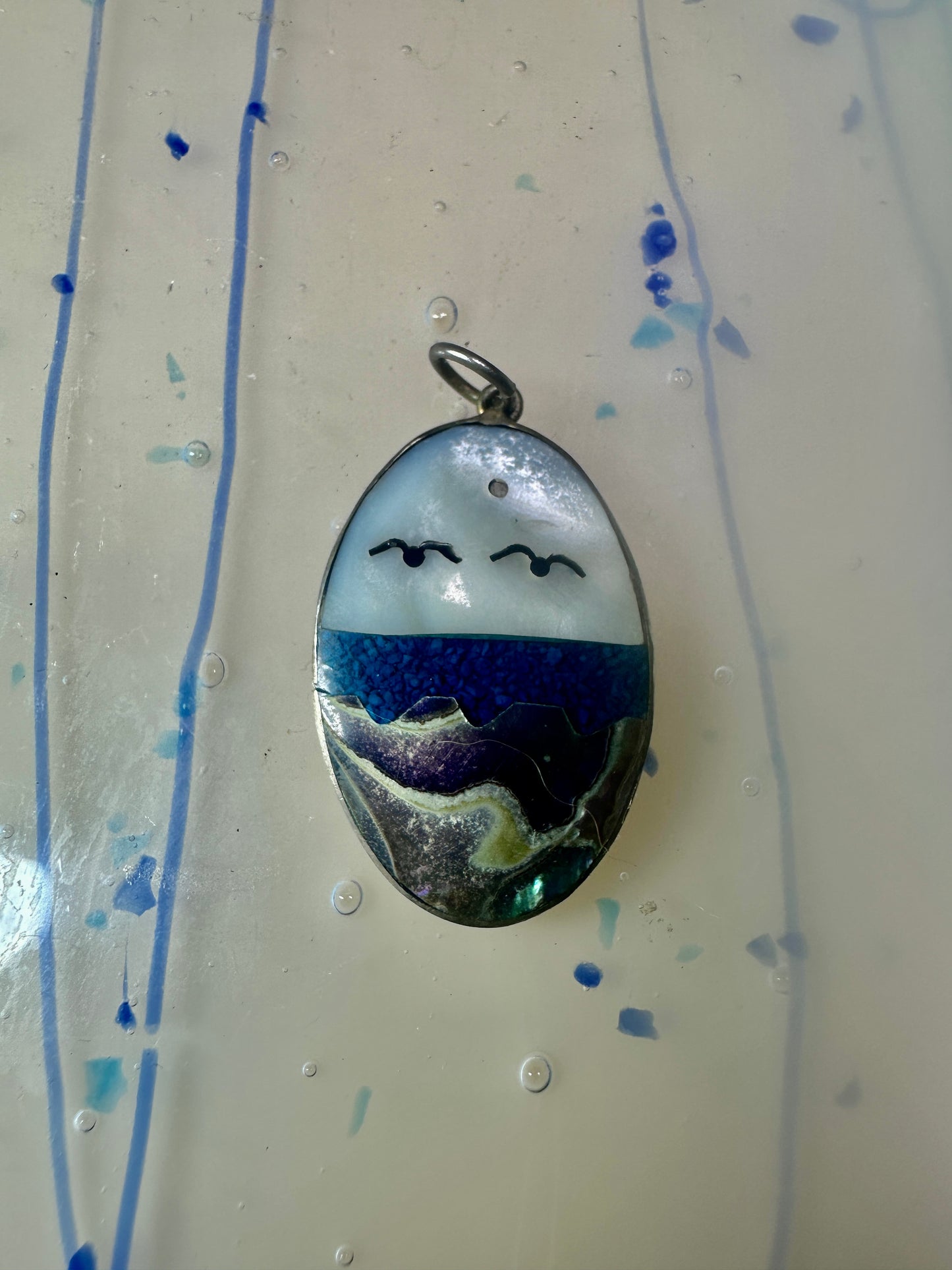 Seascape pendant seagulls ocean turquoise chips sky abalone Alpaca Mexico