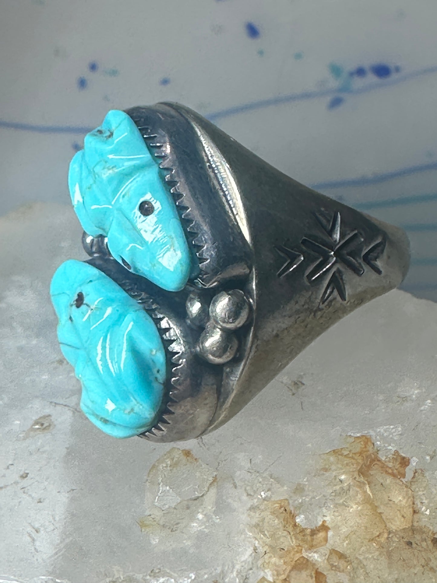 Frog Ring Turquoise carved frogs band coin silver size 12.25 men women