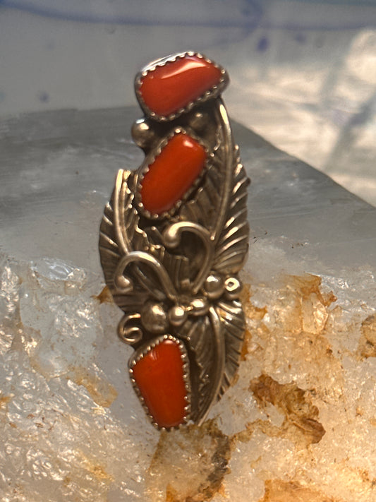 Navajo coral ring size 5 sterling silver leaves feathers women signed JH