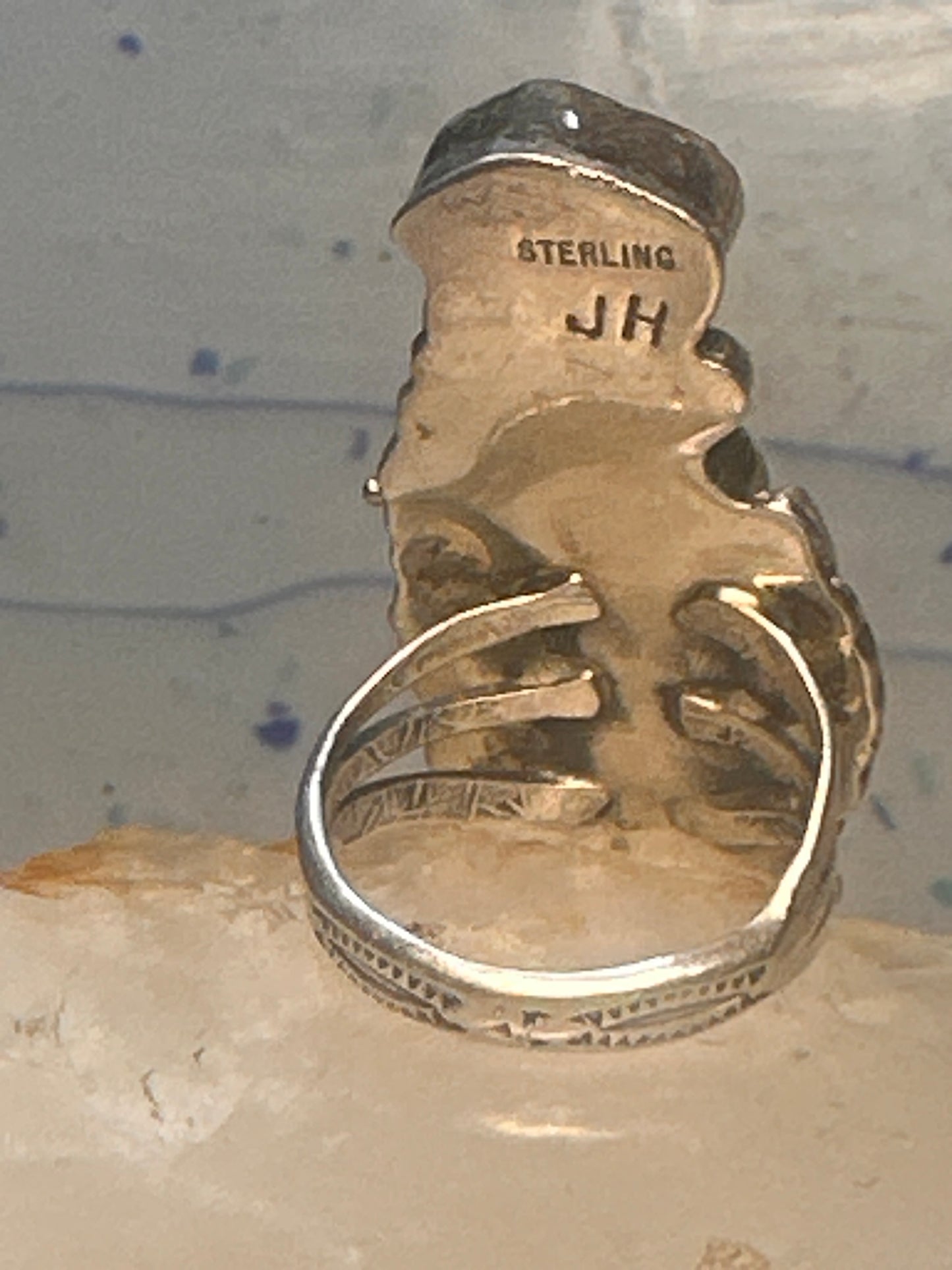Navajo coral ring size 5 sterling silver leaves feathers women signed JH