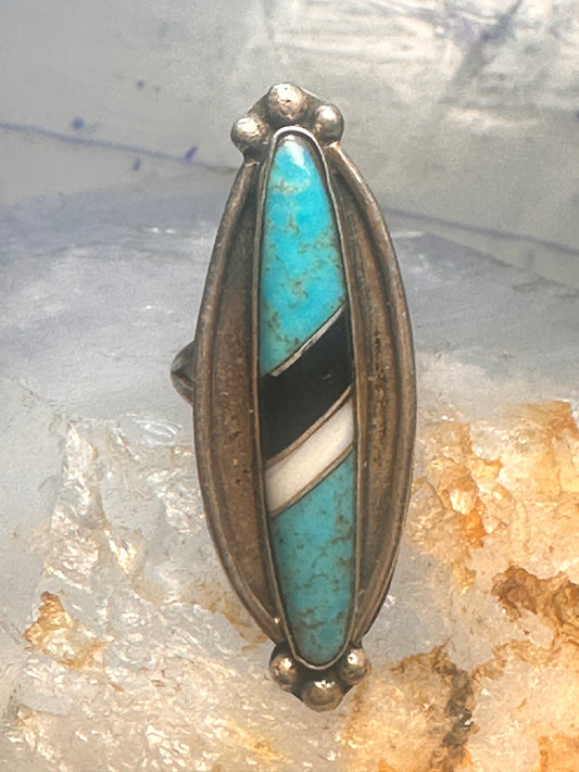 Vintage Navajo Sterling Silver Long Inlay Turquoise Onyx Mother of Pearl Ring - Size 6.5
