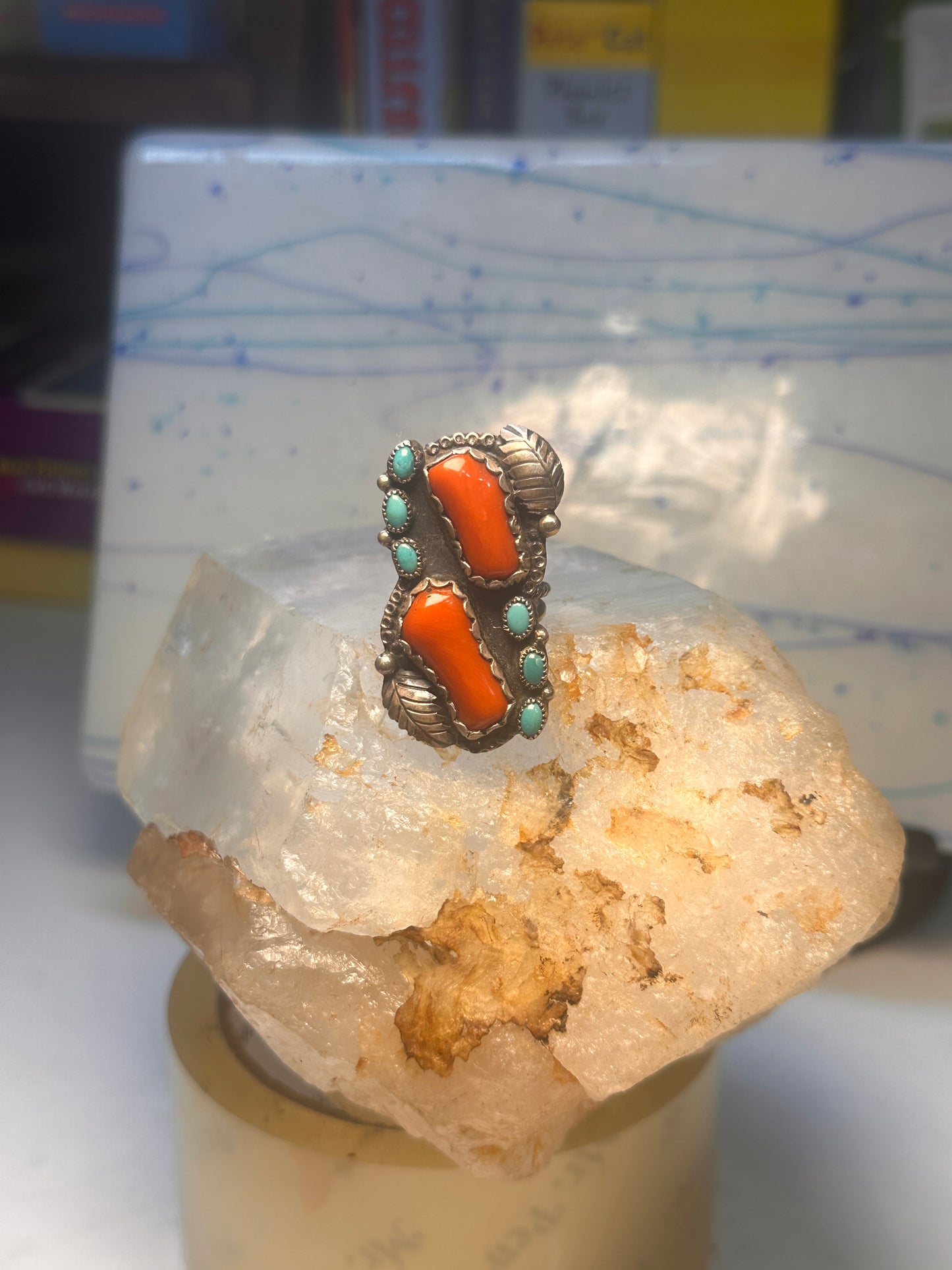Navajo long ring coral size 6 feathers leaves sterling silver women