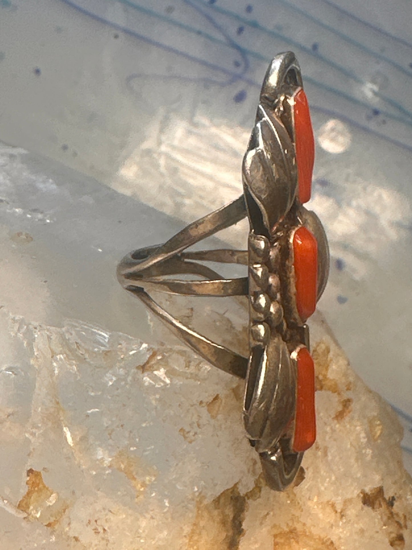 Navajo long ring coral size 5.5 sterling silver women