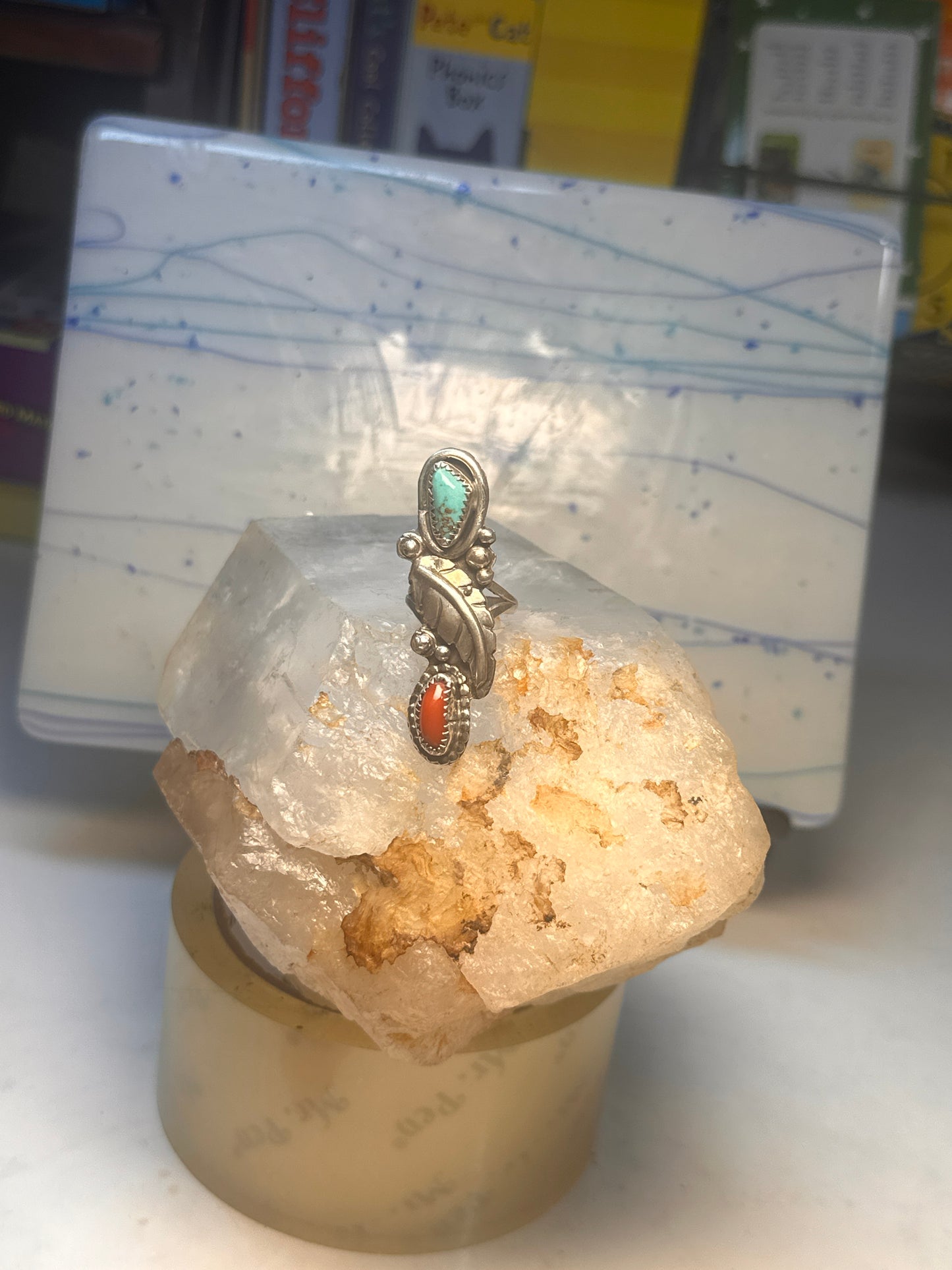 Navajo long ring coral size 5.25 sterling silver feather leaf women