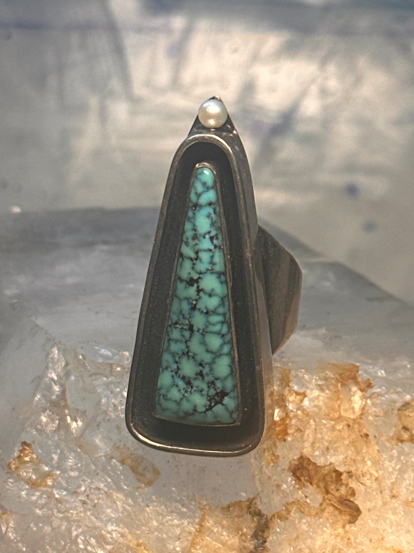 Navajo long ring turquoise pearl geometric size 5.75 sterling silver women