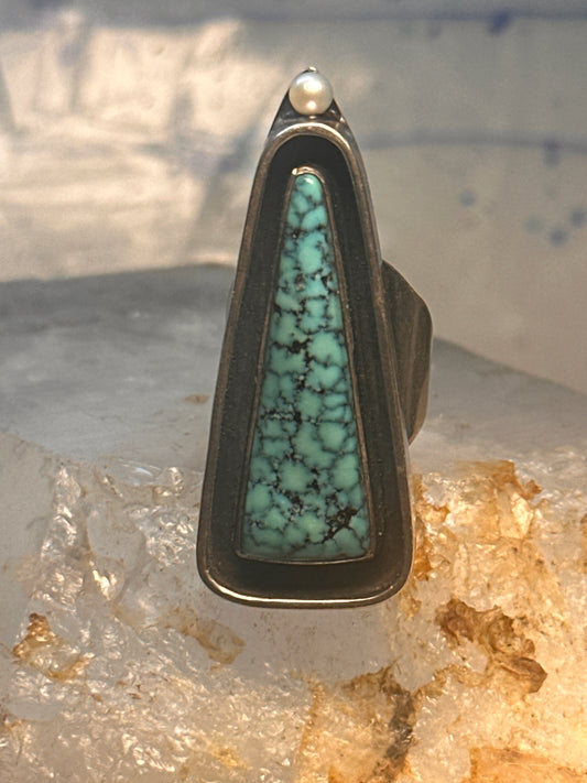 Navajo long ring turquoise pearl geometric size 5.75 sterling silver women