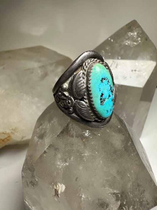 Turquoise ring Navajo signed AG leaves size 8.75 sterling silver women men