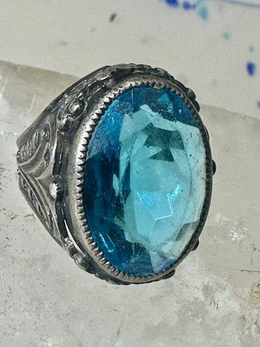 Art Deco Ring size 4.25 Ocean color Blue Glass sterling silver pinky women