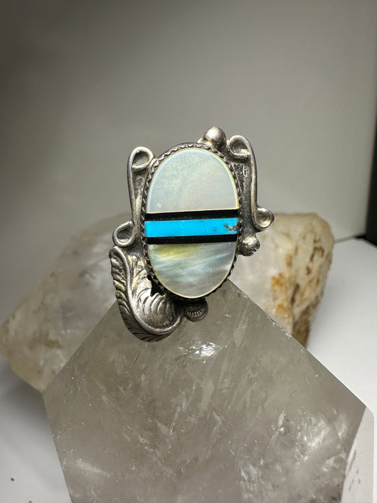 Long Navajo ring turquoise MOP leaf feather size 6.25 sterling silver women