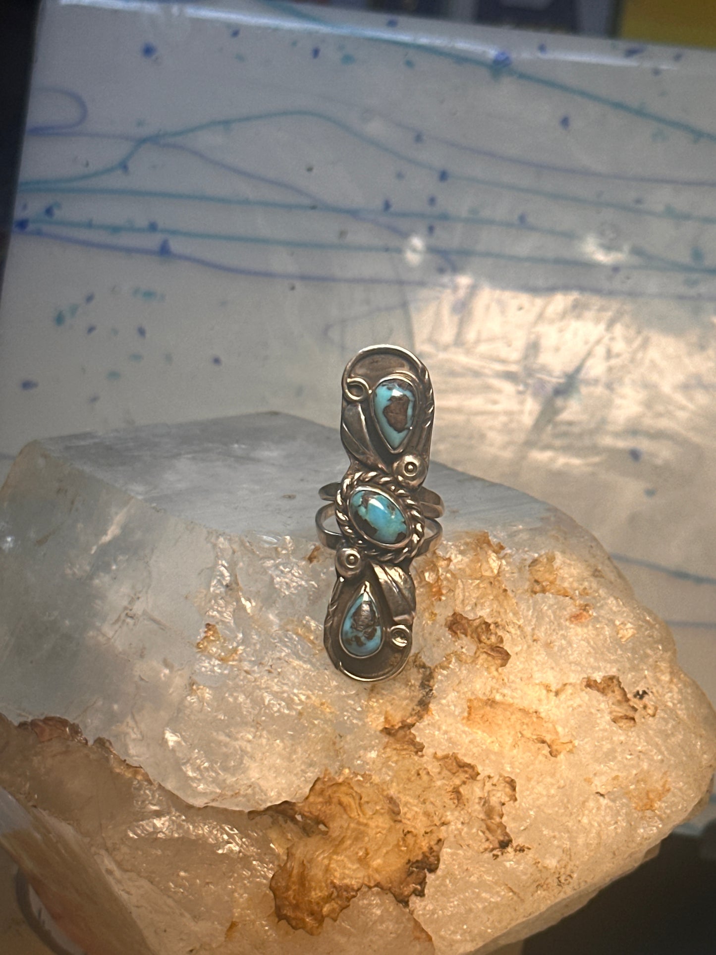 Navajo long ring Turquoise size 5.75 sterling silver women girls