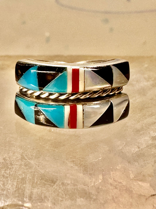 Turquoise ring Zuni band Coral southwest size 5.75 sterling silver girls women