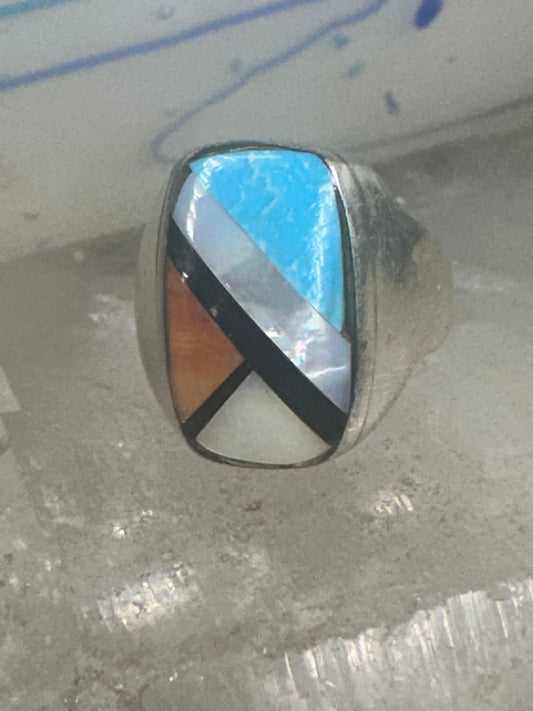 Zuni ring Mother of Pearl Turquoise inlaid band onyx size 7 sterling silver women
