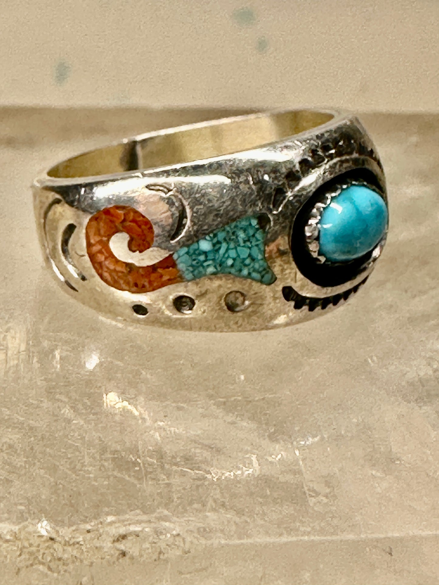 Turquoise ring Southwest coral chips band size 5.25 sterling silver girls women boys