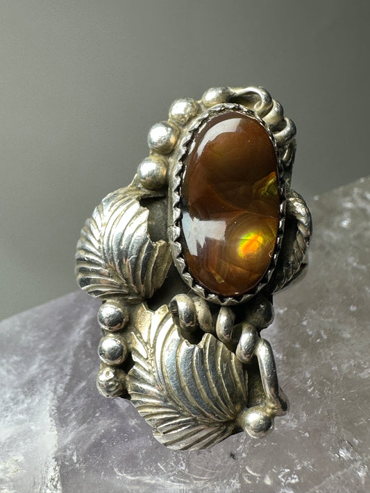 Fire Agate ring Navajo leaves size 6.25 sterling silver women