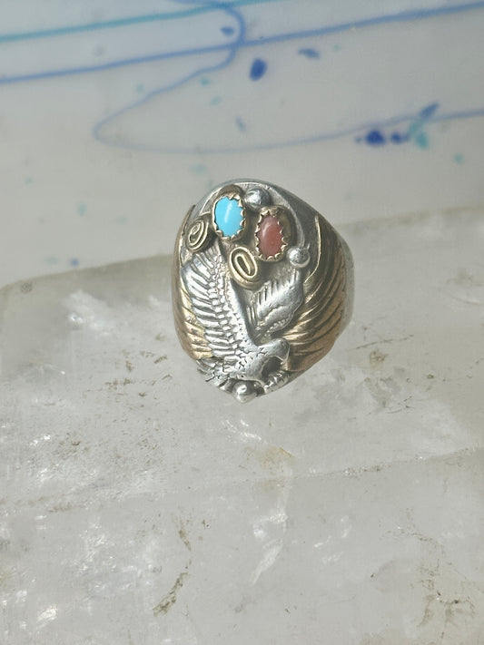 Eagle ring southwestern turquoise coral size 8.75 sterling silver women men