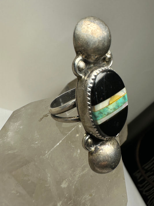 Long Navajo ring onyx turquoise mop size 7 sterling silver women