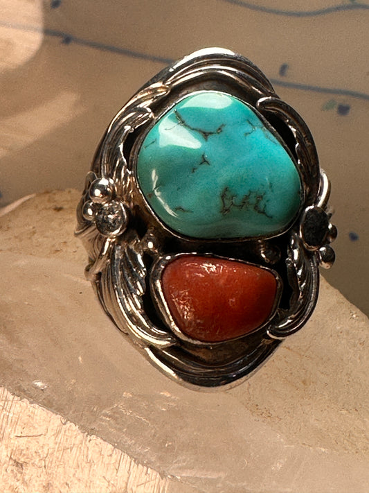 Navajo ring turquoise coral size 10 sterling silver women men
