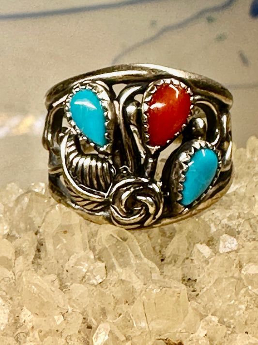 Turquoise ring Southwest band coral sterling silver size 5.75 women signed