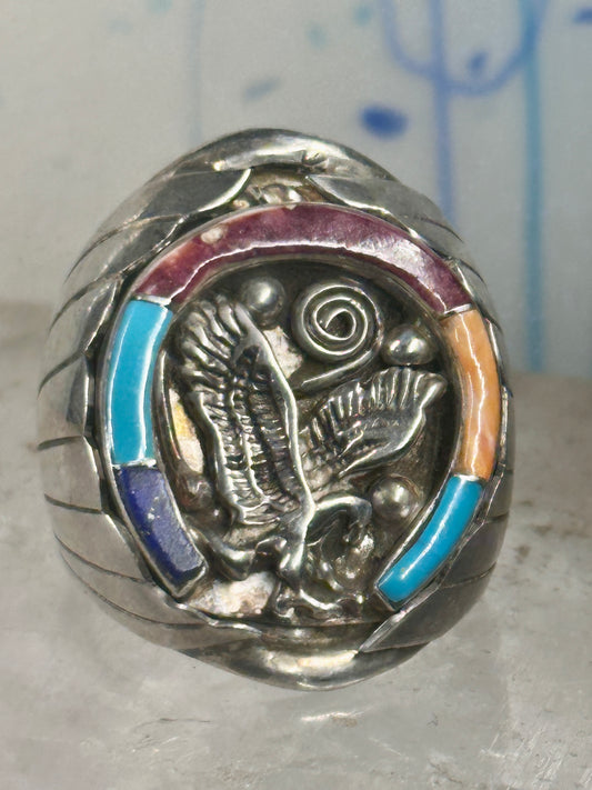 Navajo ring Horseshoe eagle Turquoise Lapis Good Luck sterling silver size 9.75