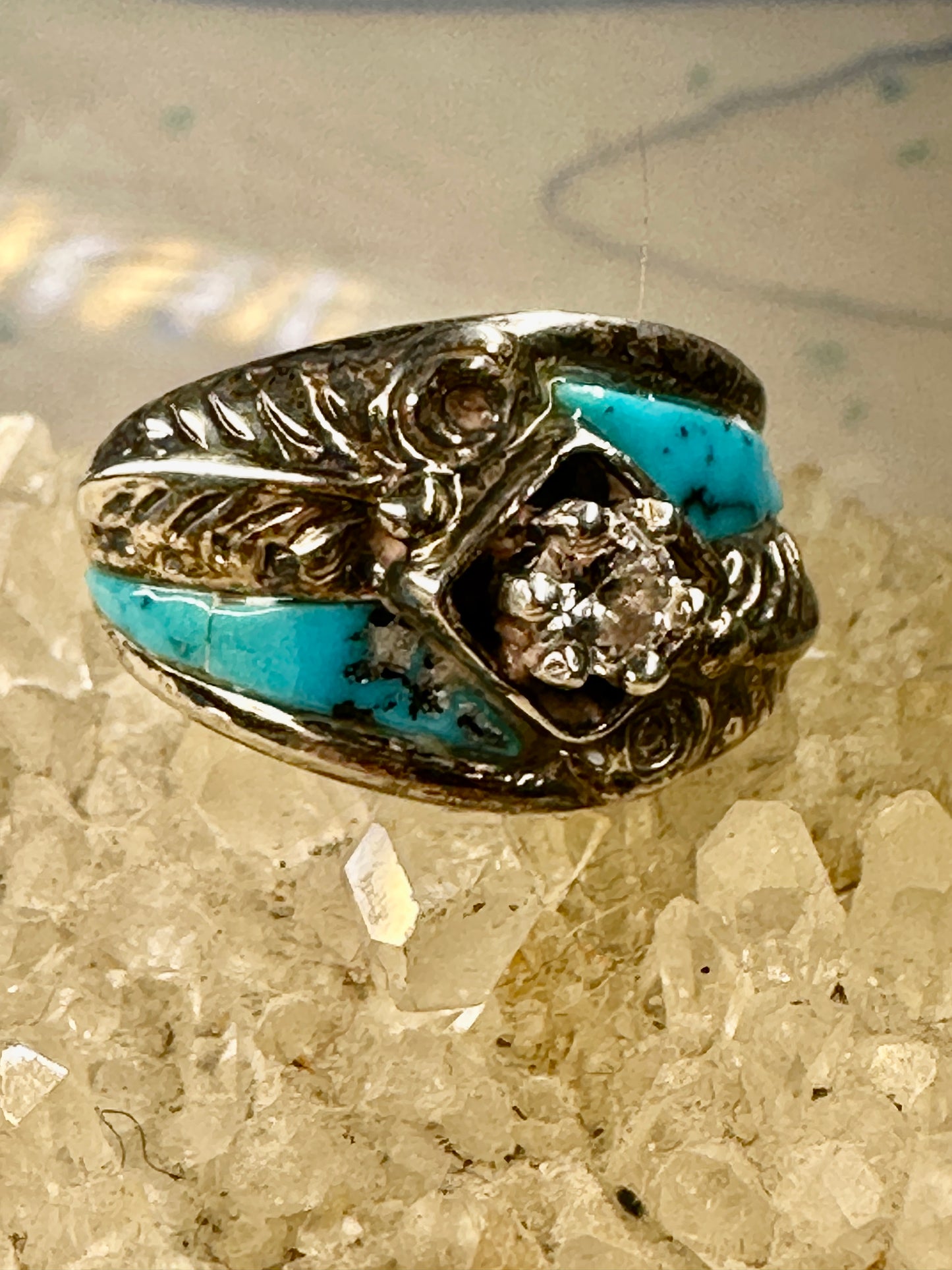 Turquoise ring Southwest band CZ sterling silver size 5.75 women signed CW