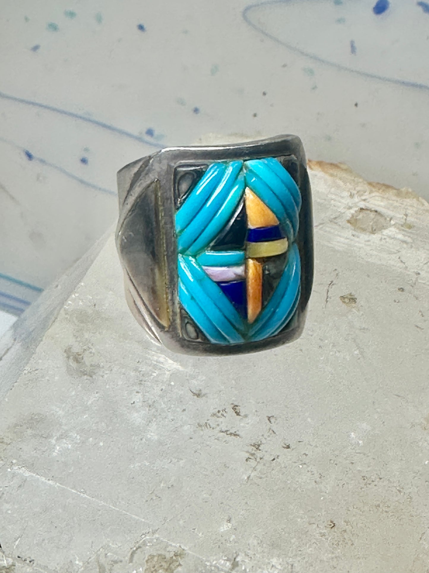 Turquoise ring Cobblestone Native American abalone onyx spiny oyster size 12.7 sterling silver women men
