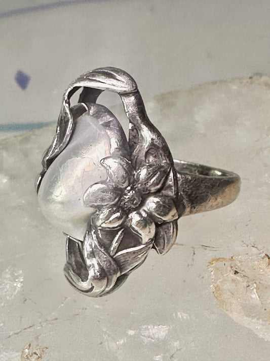 Pearl ring Art Nouveau Deco floral flower size 2.5 pinky sterling silver women girls
