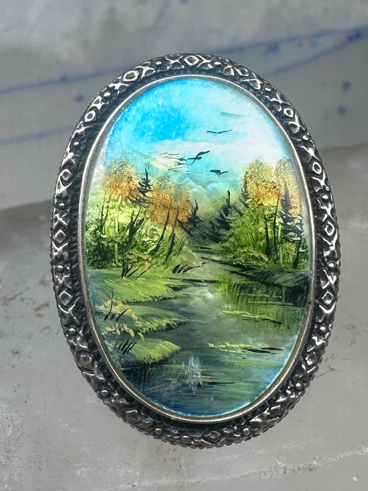 Vintage Amy Kahn Russell MOP Landscape Ring River Trees Seagulls Sterling Silver - Size 7.75