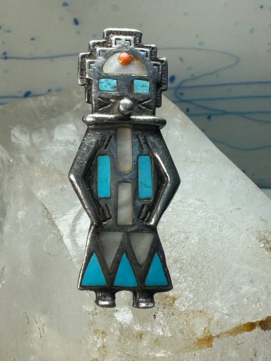 Large Kachina ring Navajo turquoise mother of pearl coral size 7 sterling silver women