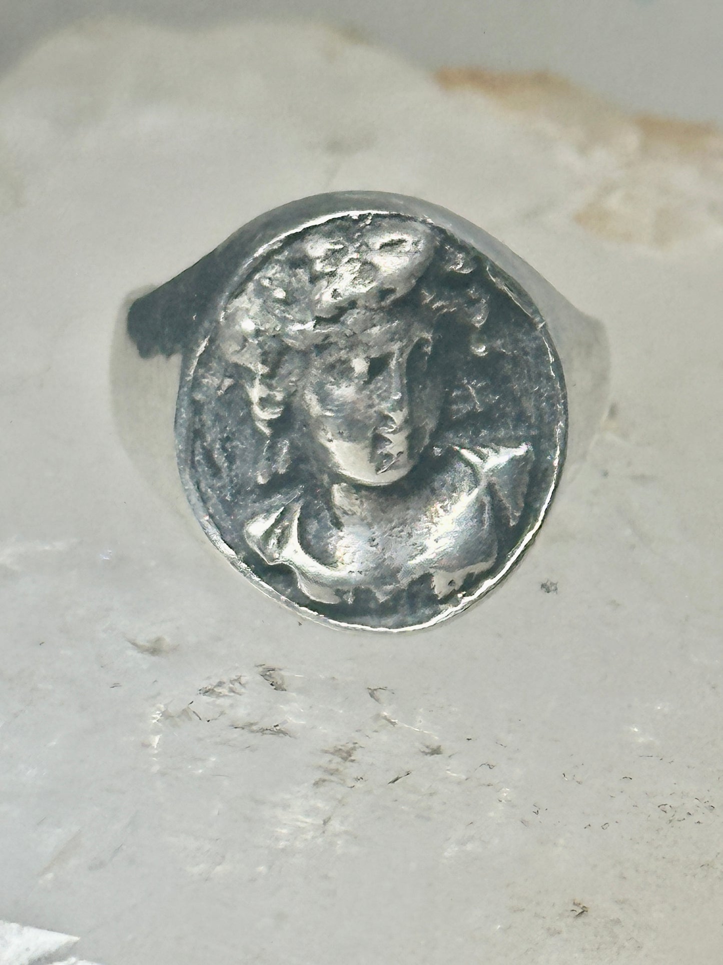 Classical face ring Art Deco figurative size 9 sterling silver women