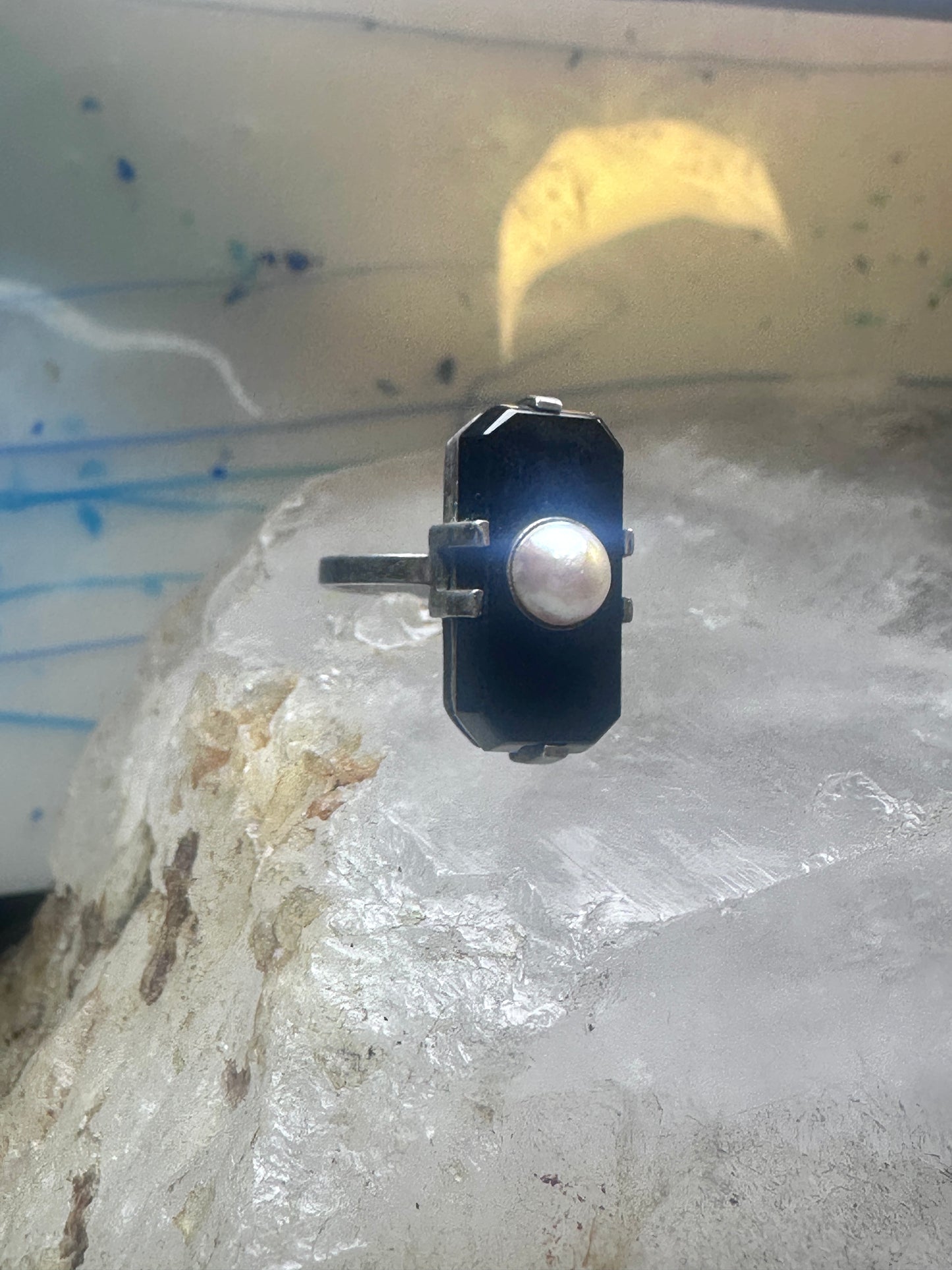 Art Deco ring Onyx pearl mourning band pinky size 5.25 sterling silver women
