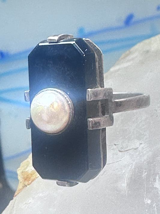 Art Deco ring Onyx pearl mourning band pinky size 5.25 sterling silver women