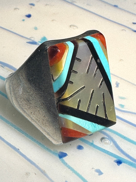 Zuni ring size 10.75 turquoise MOP coral inlay Sterling silver women
