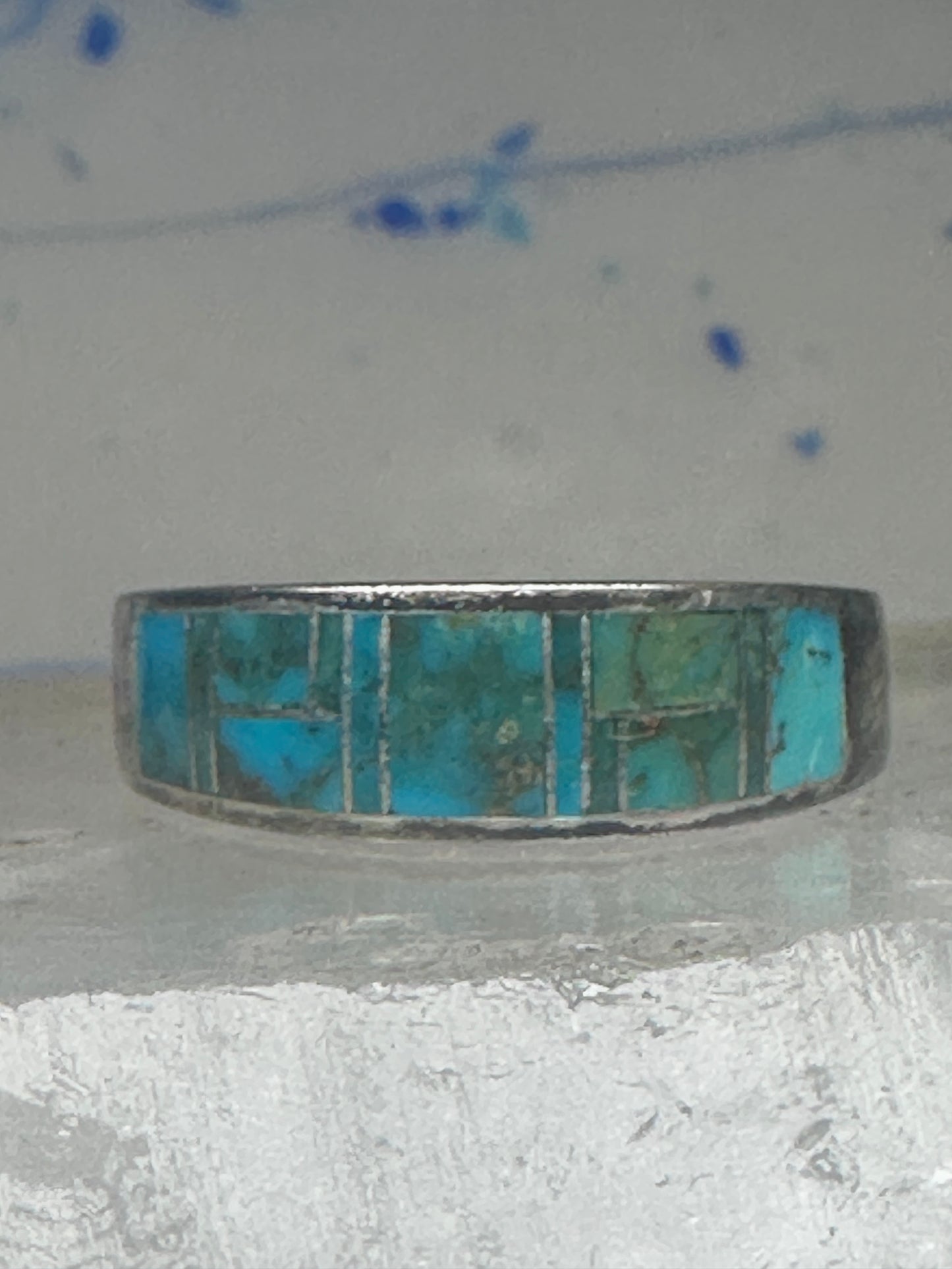 Vintage Signed AT Southwestern Sterling Silver Flush Inlaid Turquoise Band - Size 13.25