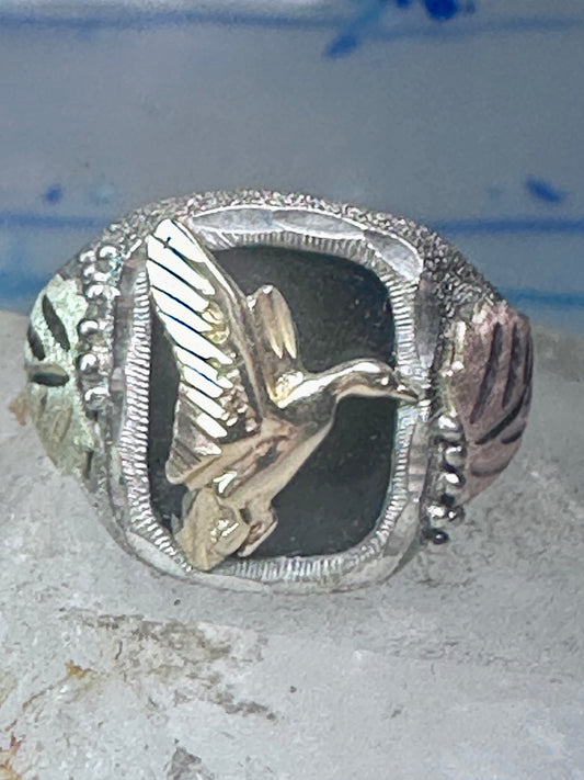 Black Hills Gold ring goose leaves bird onyx size 11.75 sterling silver women men