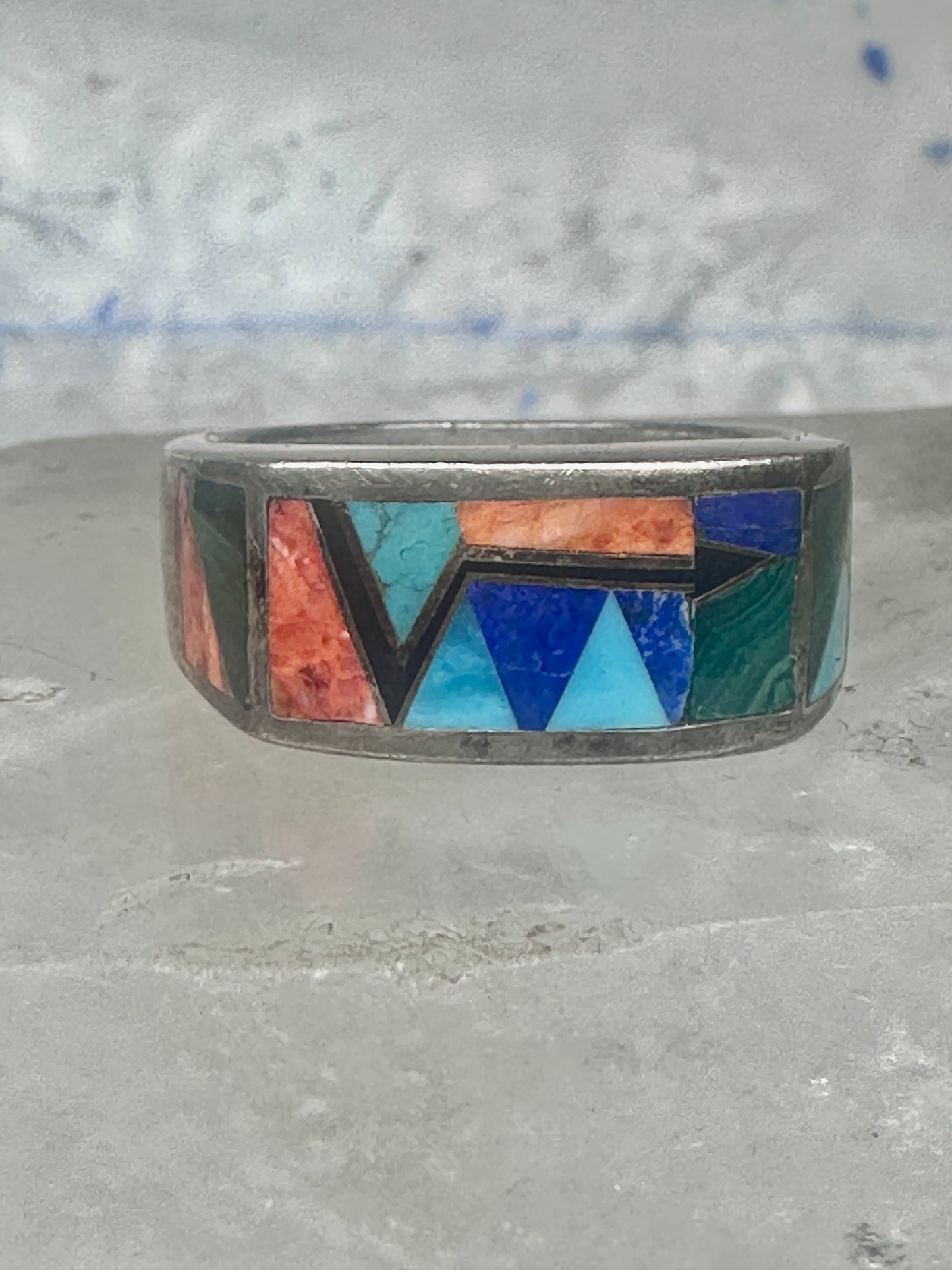Vintage Southwestern Sterling Silver Multi-Stone Inlay Arrow Band Ring - Size 11