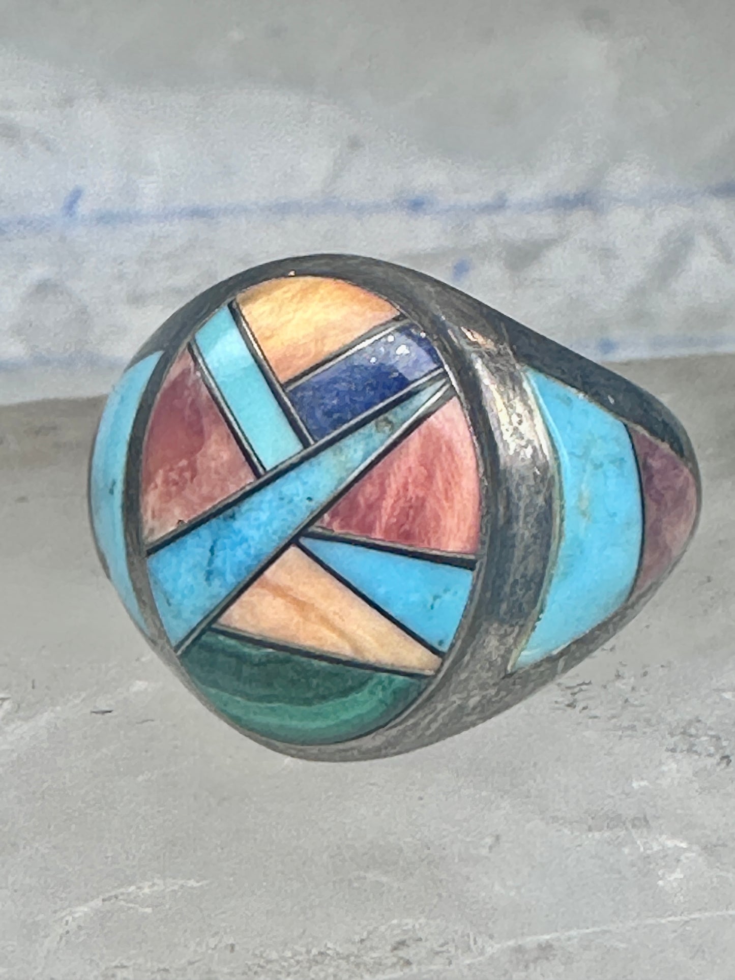 Signed Tommy Singer Style Southwestern Multi-Stone Inlay Ring Size 12.5 - Geometric Sterling Silver Band
