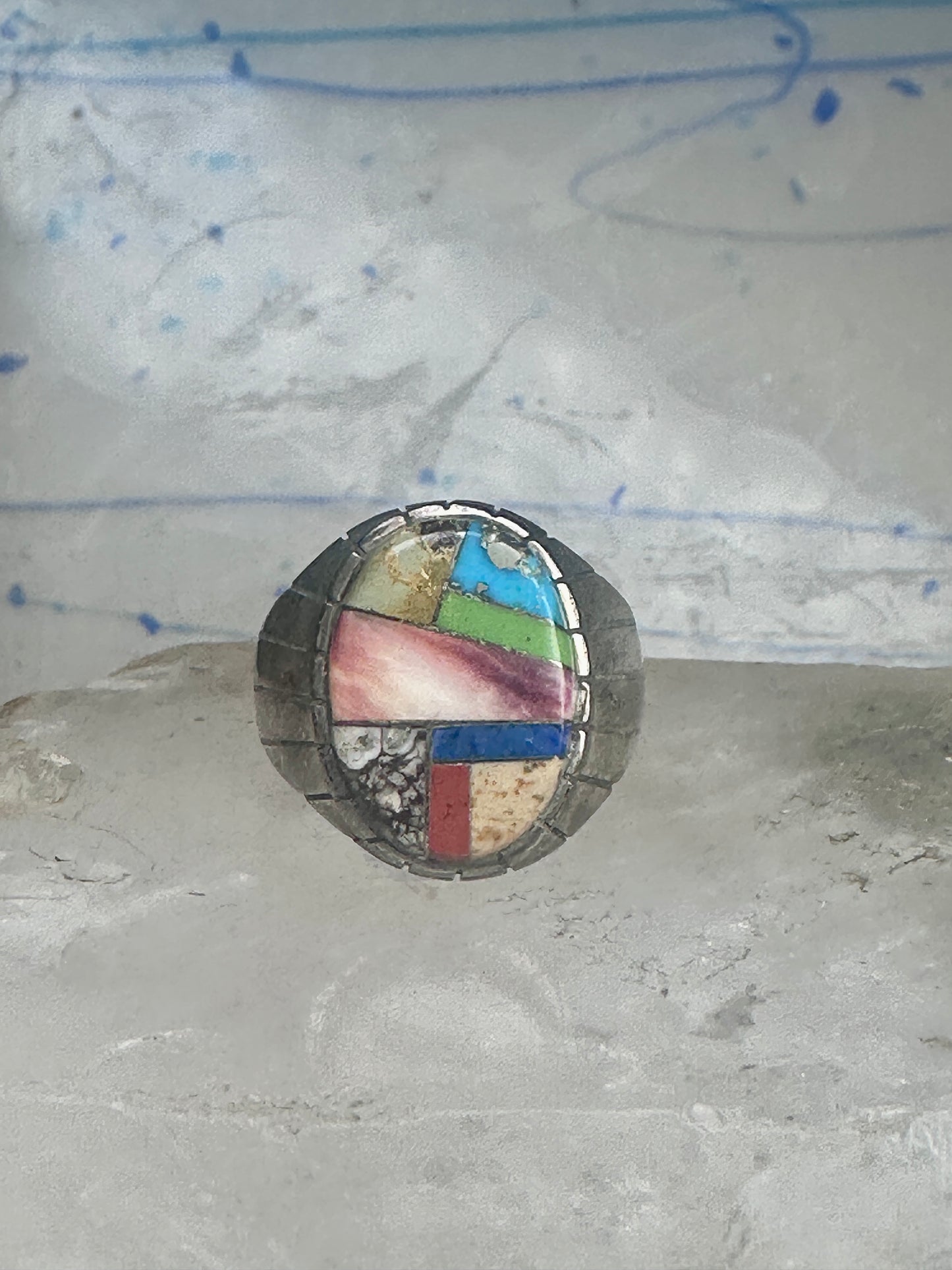 Southwestern Sterling Silver Multi-Stone Inlay Ring Size 10.75 - Geometric Segmented Band