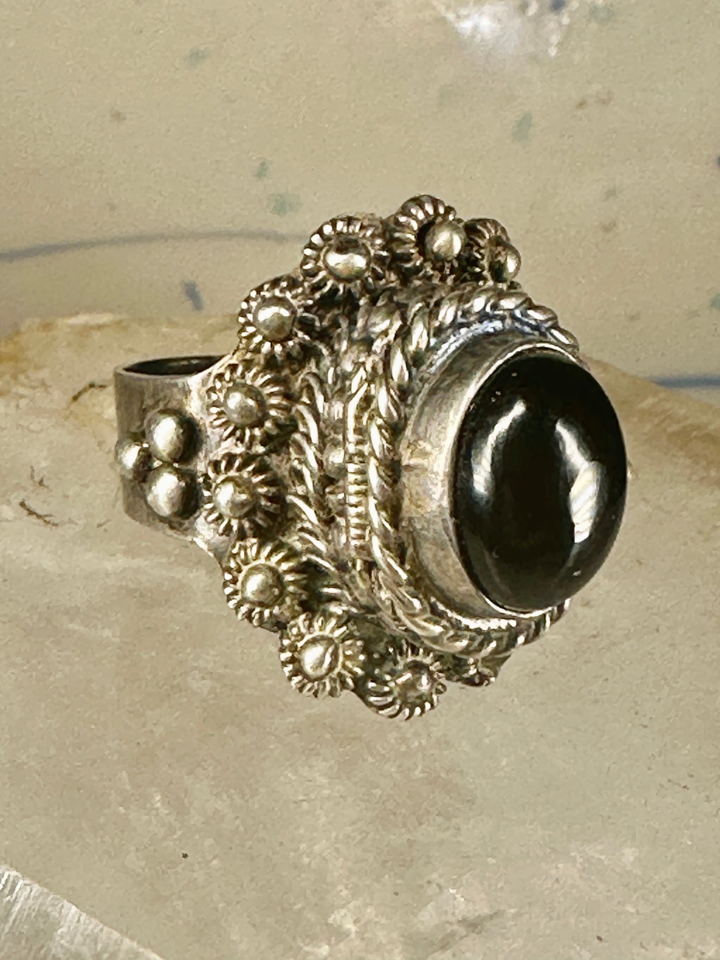 Poison ring size 7.75 onyx Mexico Taxco sterling silver women
