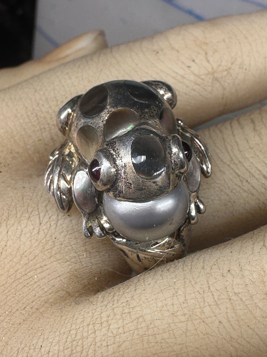 Frog ring leaves abalone size 8 sterling silver women
